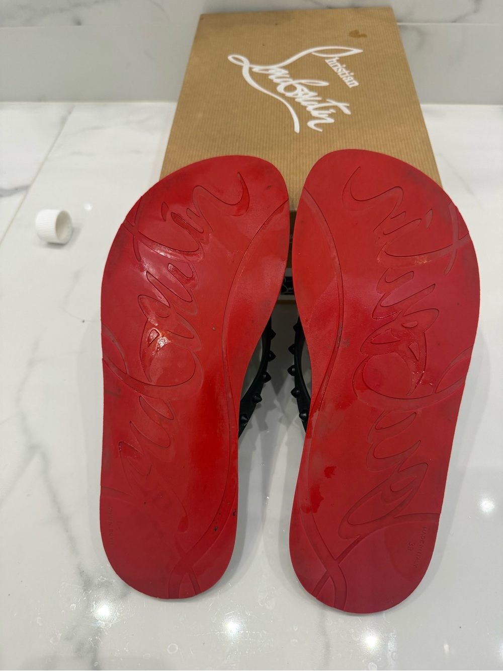 Christian Louboutin Black Flip Flops with Red Sole Trim and Studded Straps - Picture 6 of 8